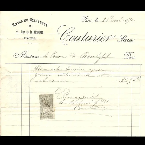 Facture De Couturier Soeurs, 11 Rue De La Michodière À Paris (1901) 1