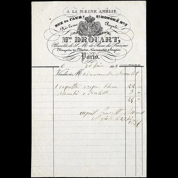 A La Reine Amélie, Facture De La Maison De Modes Et Nouveautés Drouart, 3 Faubourg Saint-Honoré À Paris (1844) 1