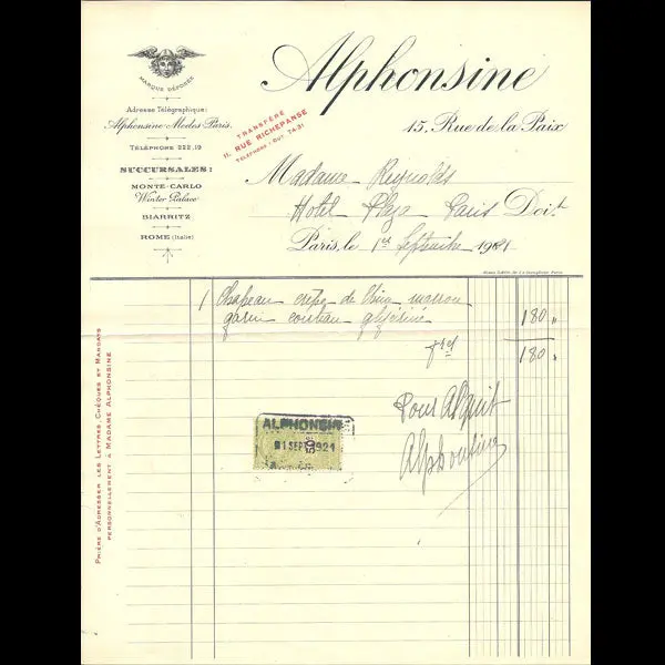 Facture De La Maison De Modes Alphonsine, 15 Rue De La Paix À Paris (1921) 1