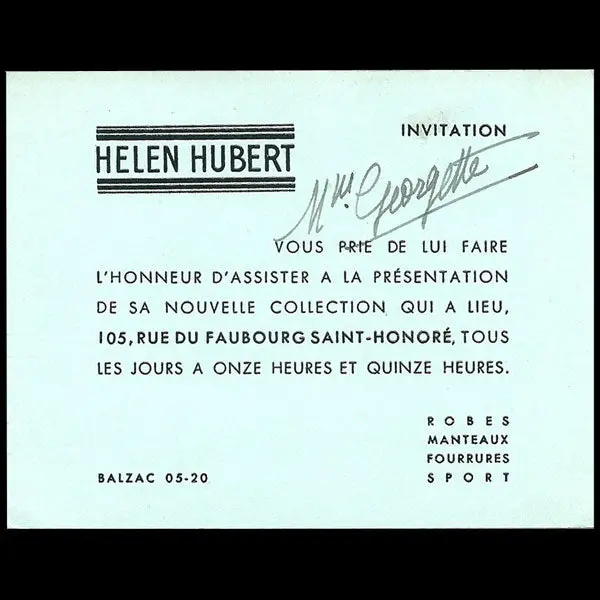 Carton D'invitation De La Maison Helen Hubert, 105 Faubourg Saint Honoré À Paris (Circa 1935) 1