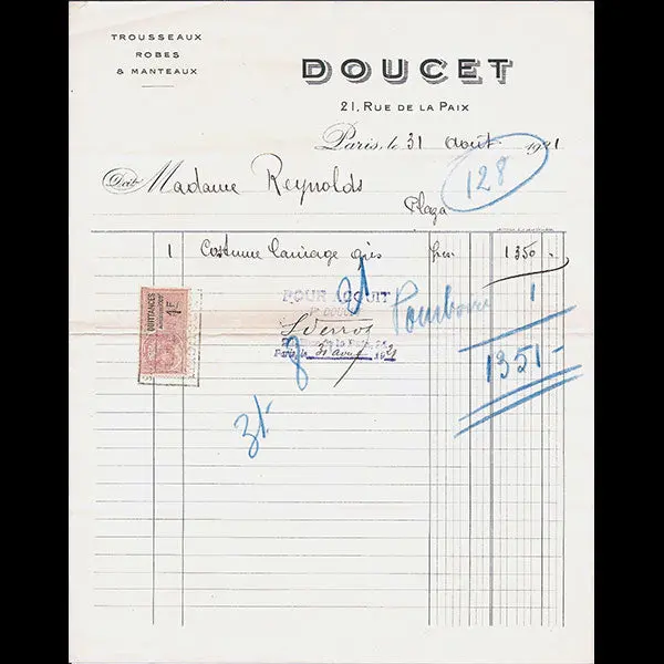 Doucet - Facture De La Maison Doucet, 21 Rue De La Paix À Paris (1921) 1