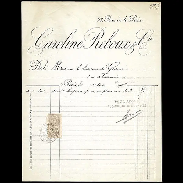 Facture De La Maison Caroline Reboux, 23 Rue De La Paix À Paris (1907) 1