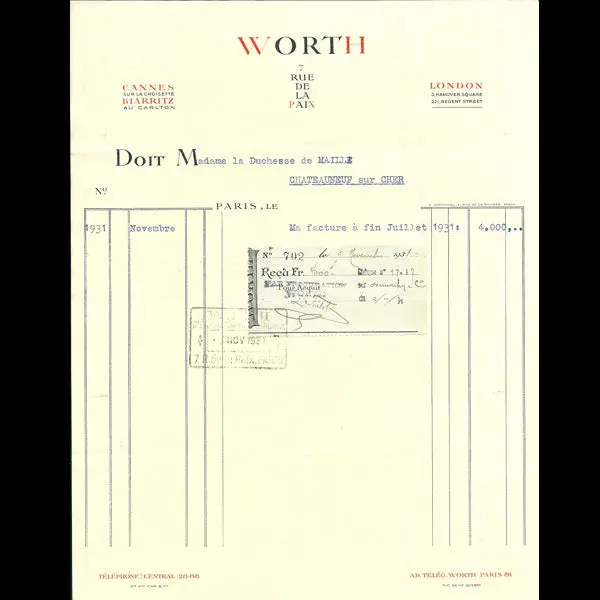Facture De La Maison Worth, 7 Rue De La Paix, Paris (1931) 1