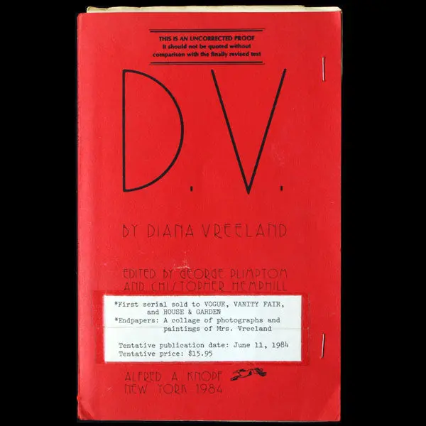 D.V. By Diana Vreeland, Uncorrected Proof (1984) 1