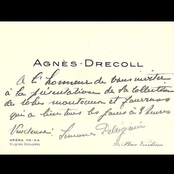 Carton D'invitation De La Maison Agnès Drecoll, 24 Place Vendôme À Paris (Circa 1935) 1