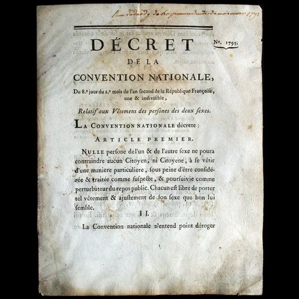 Décret De La Convention Nationale Relatif Aux Vêtements Des Personnes Des Deux Sexes (1793) 1
