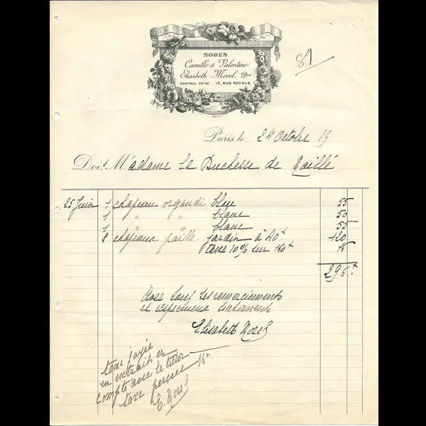 Facture De La Maison De Modes Camille Et Valentine, Elisabeth Morel, 12 Rue Royale À Paris (1919) 1
