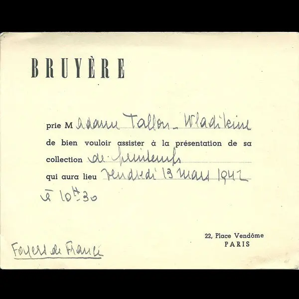 Carton D'invitation De La Maison Bruyere, 22 Place Vendôme À Paris (1942) 1