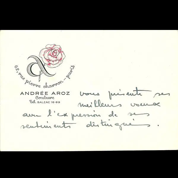 Carton D'invitation De La Maison Andrée Aroz, 62 Rue Pierre Charron À Paris (Circa 1935) 1