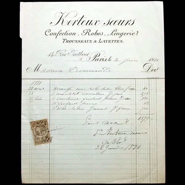 Facture Des Soeurs Kerteux, Confection, Robes, Lingerie, Trousseaux Et Layettes, 14 Rue Taitbout À Paris (1881) 1