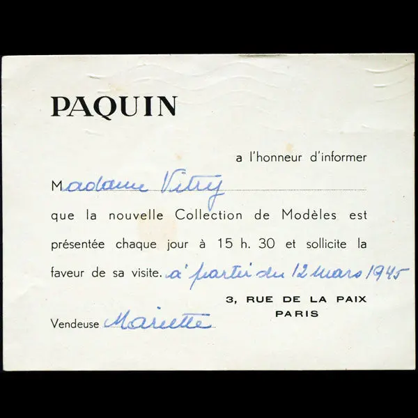Carton D'invitation De La Maison Paquin, 3 Rue De La Paix À Paris (Mars 1945) 1