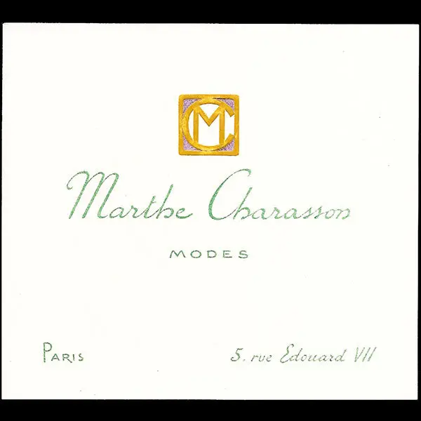 Marthe Charasson - Carte De La Maison De Couture, 5 Rue Edouard Vii À Paris (Circa 1910-1920) 1
