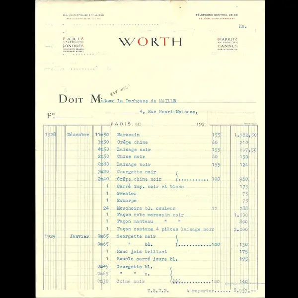 Facture De La Maison Worth, 7 Rue De La Paix, Paris (1929) 1
