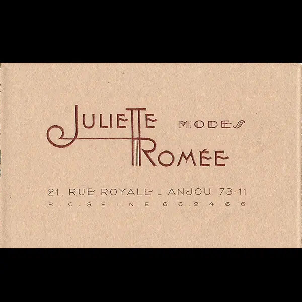 Juliette Romée - Carte De La Maison De Modes , 21 Rue Royale À Paris (Circa 1935) 1