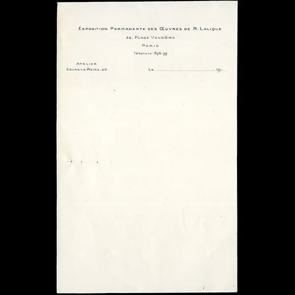 Lalique - Papier À En-Tête De L'exposition Permanente Des Oeuvres De René Lalique 24 Place Vendôme À Paris (1914) 1