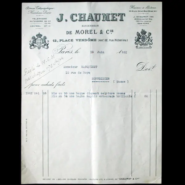 Facture De La Maison Chaumet, Successeur De Morel & Cie, 12 Place Vendôme À Paris (1931) 1