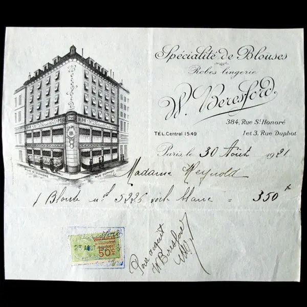 Facture De La Maison W. Beresford, 384 Rue Saint-Honoré À Paris 1