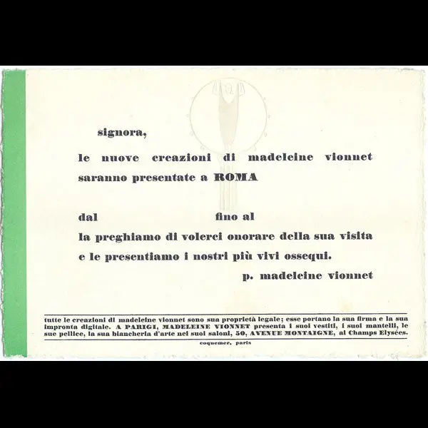 Vionnet - Invitation À Un Défilé À Rome (Circa 1923) 1