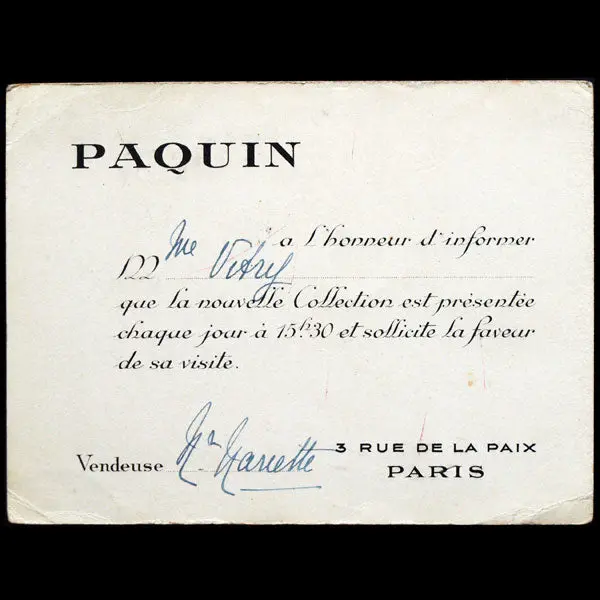 Carton D'invitation De La Maison Paquin, 3 Rue De La Paix À Paris (Circa 1940) 1