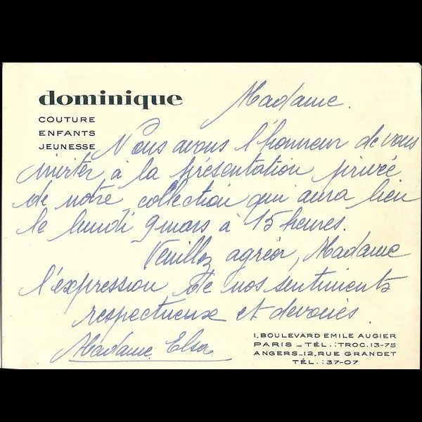 Carton D'invitation De La Maison Dominique, 1 Boulevard Emile Augier À Paris (Circa 1930) 1