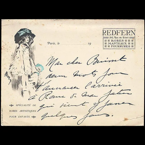 Redfern - Carte De La Maison Redfern & Sons, 242, Rue De Rivoli À Paris, Illustration Par Drian (Circa 1905) 1