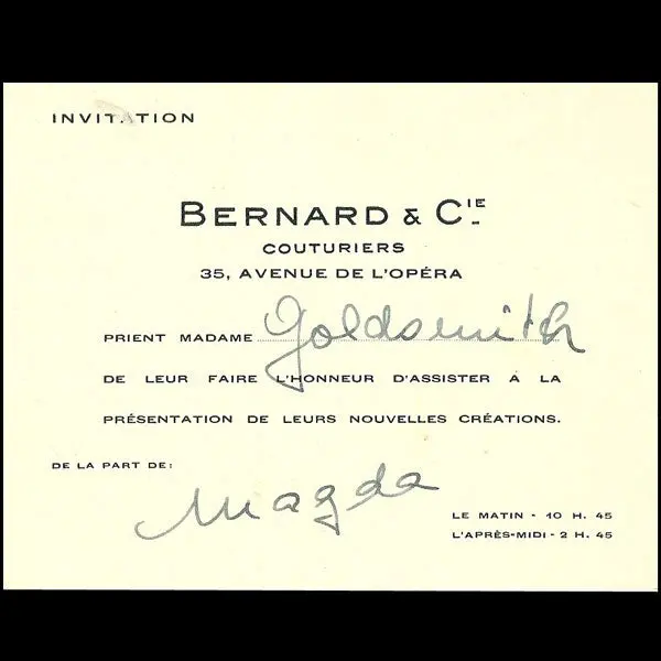 Carton D'invitation De La Maison Bernard Et Cie, 35 Avenue De L'opéra À Paris (Circa 1935) 1