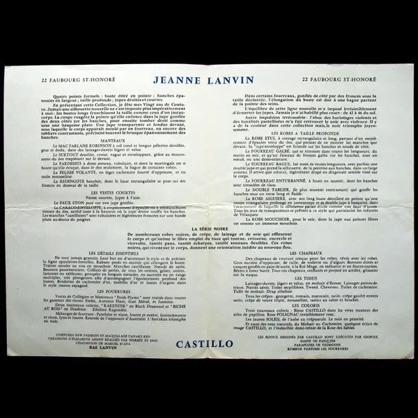 Jeanne Lanvin - Castillo, Programme De Défilé, Automne-Hiver 1957-1958 2