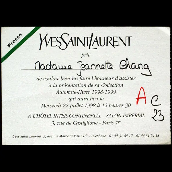 Carton D'invitation Au Défilé Yves Saint-Laurent Du 22 Juillet 1998, Collection Automne-Hiver 1998-1999 1