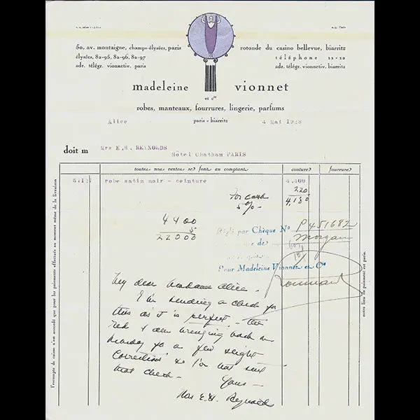 Vionnet - Facture, 50 Avenue Montaigne À Paris (4 Mai 1928) 1