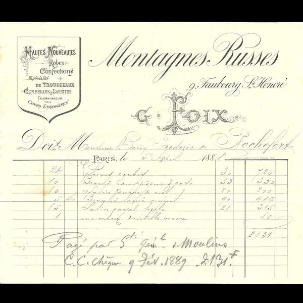 Facture De La Maison Montagnes Russes, 9 Faubourg Saint-Honoré À Paris (1888) 1