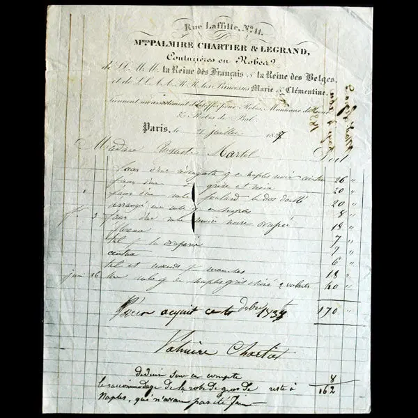 Facture De Mmes Palmire, Chartier Et Legrand, Couturières En Robes, 11 Rue Lafitte À Paris (1837) 1