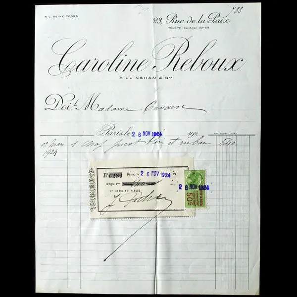 Facture De La Maison Caroline Reboux, 23 Rue De La Paix À Paris (1924) 1