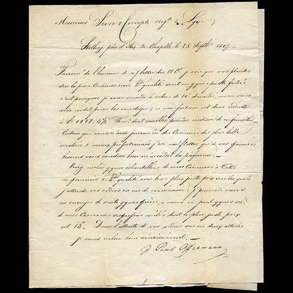 Serre Et Cie - Correspondance Avec Échantillons Adressée Au Négociant En Tissus Par Ossermann (1807) 1