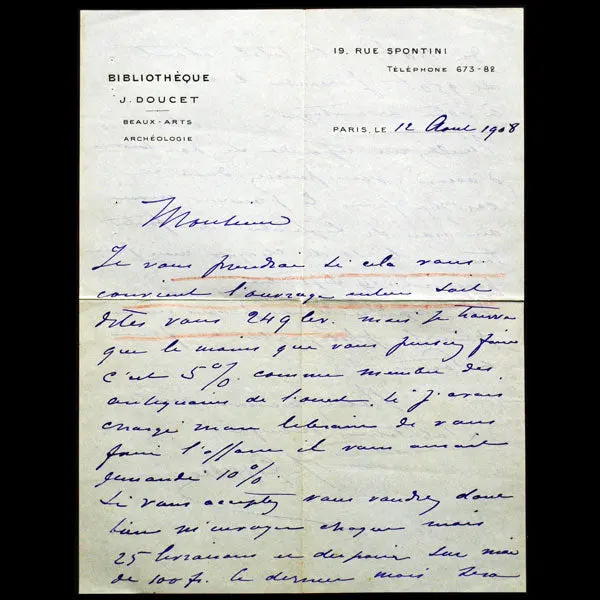 Doucet - Lettre Autographe De Jacques Doucet, À L'en-Tête De La Bibliothèque J. Doucet, 19 Rue Spontini À Paris (1908) 1