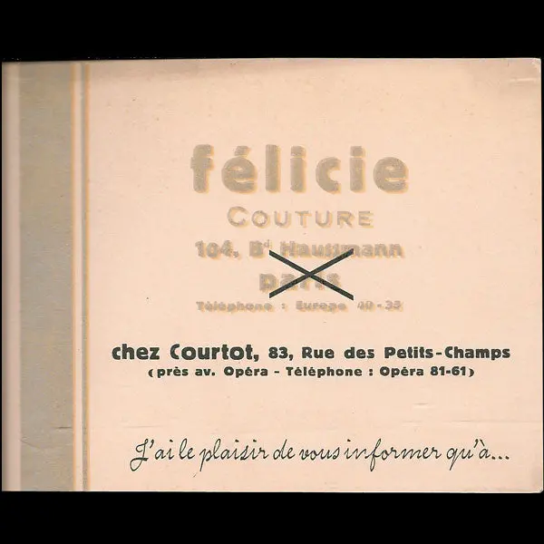 Annonce De Changement D'adresse De La Maison Félicie Couture, 104 Boulevard Haussmann À Paris (Circa 1935) 1