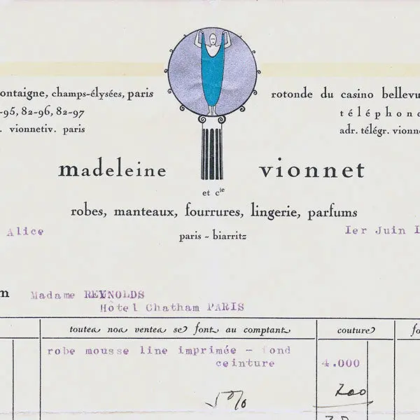 Vionnet - Facture, 50 Avenue Montaigne À Paris (1Er Juin 1928) 2