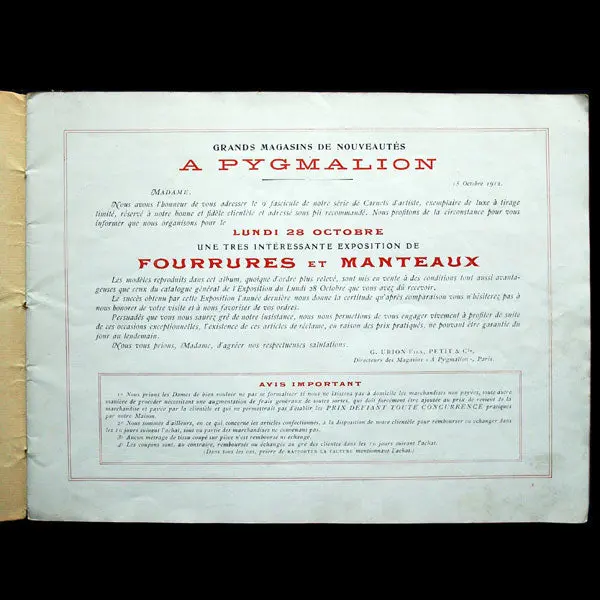 Carnet D'artiste, La Femme Et Les Fourrures, Catalogue Des Magasins Pygmalion (1912) 2