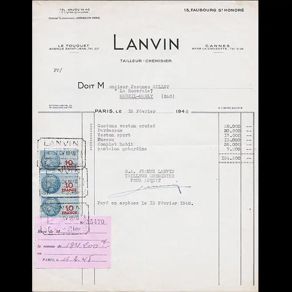 Facture De La Maison Lanvin Tailleur Chemisier, 15 Faubourg Saint-Honoré À Paris (1948) 1
