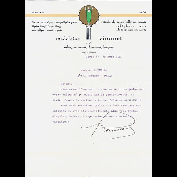 Vionnet - Lettre D'accusé De Réception, 50 Avenue Montaigne À Paris (13 Juin 1928) 1