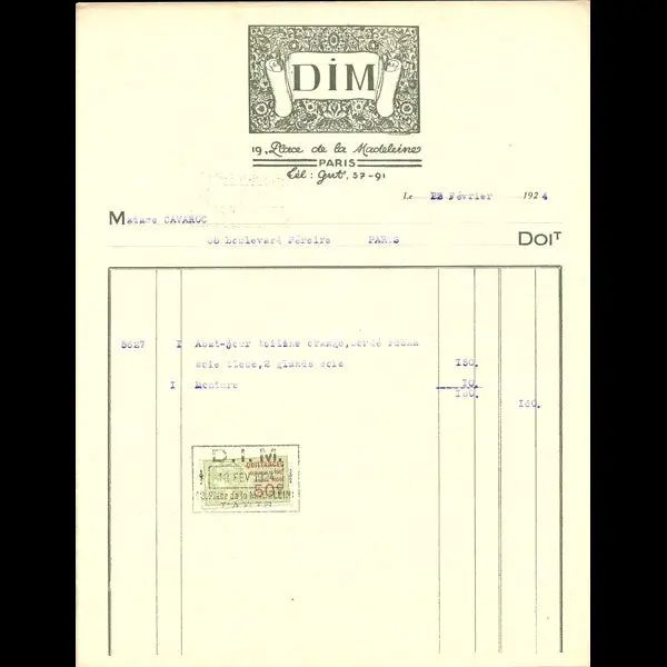 Facture De La Maison De Décoration Dim, Décoration Intérieure Moderne, 19, Place De La Madeleine À Paris (1924) 1