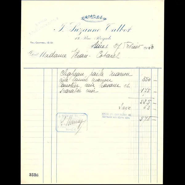 Suzanne Talbot - Facture De La Maison Suzanne Talbot, 14 Rue Royale À Paris (1920) 1