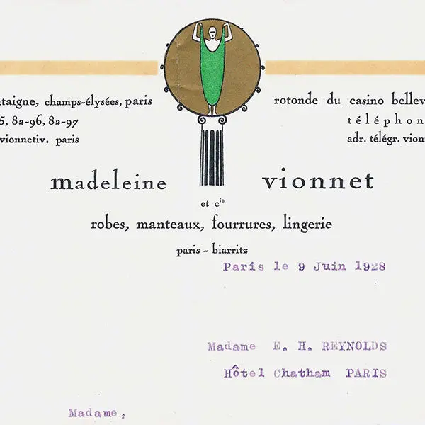 Vionnet - Lettre D'accusé De Réception, 50 Avenue Montaigne À Paris (9 Juin 1928) 2