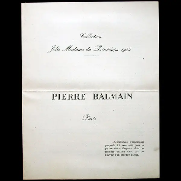 Balmain, Programme De Défilé, Collection Jolie Madame Du Printemps 1955 1