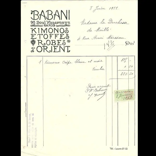 Facture De La Maison Babani, 98 Boulevard Haussmann À Paris (1922) 1