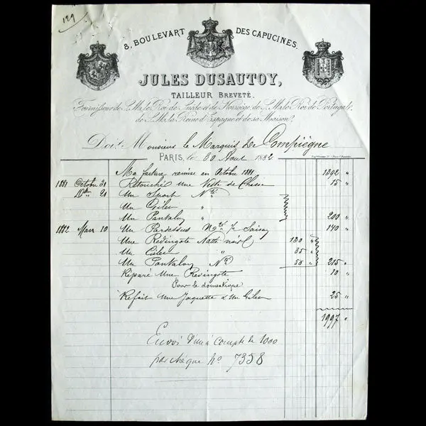 Jules Dusautoy - Facture Du Tailleur 8 Boulevart Des Capucines À Paris (1882) 1