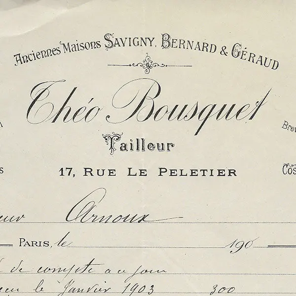 Théo Bousquet - Facture Du Tailleur, 17 Rue Le Peletier À Paris (1907) 2