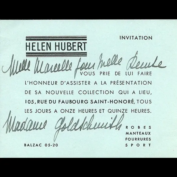 Carton D'invitation De La Maison Helen Hubert, 105 Faubourg Saint Honoré À Paris (Circa 1935) 1