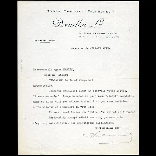 Doeuillet - Courrier Relatif À Une Employée, 24 Place Vendôme, Paris (1918) 1
