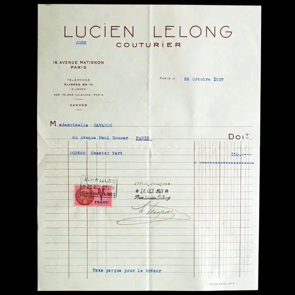 Facture De La Maison Lucien Lelong (1937) 1