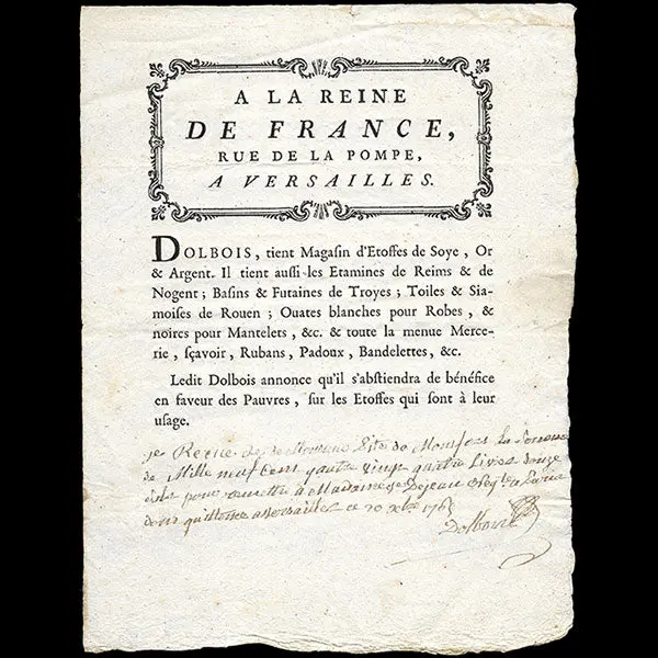 A La Reine De France - Facture Du Magasin D'étoffes De Soie Rue De La Pompe À Versailles (1765) 1